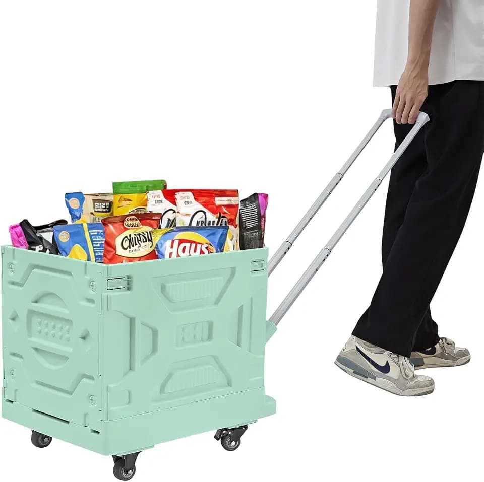 VECELO Foldable Shopping Cart with Wheels, Collapsible Rolling Crate for Groceries, Folding Storage Box with Handle, Three Modes of Use, Ideal for Teacher, Trip, Outdoors, Etc., 16GAL, Green