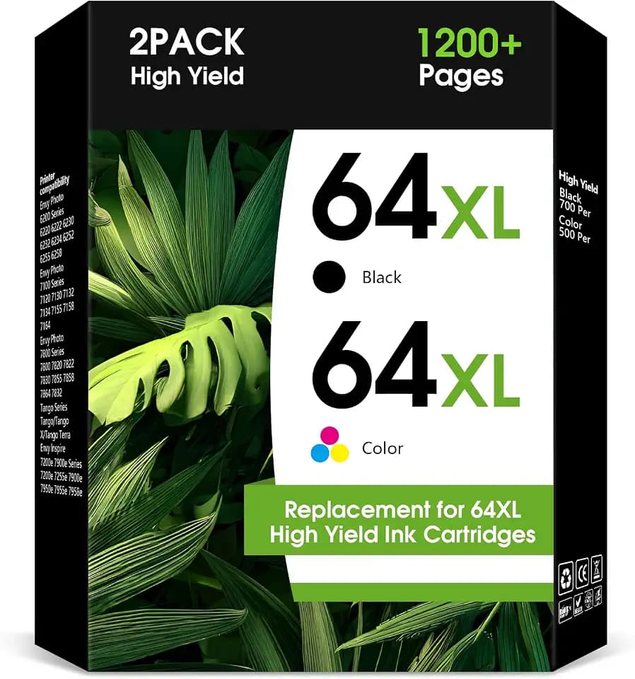 Printer Ink 64 64XL Ink Cartridge Combo Pack Compatible for HP64 HP64XL Ink Cartridges for HP Ink 64 XL 64XL Black and Color for 7858 7855 7120 7155 7158 7164 6255 6252 6232 Envy Inspire 7955e Tango X