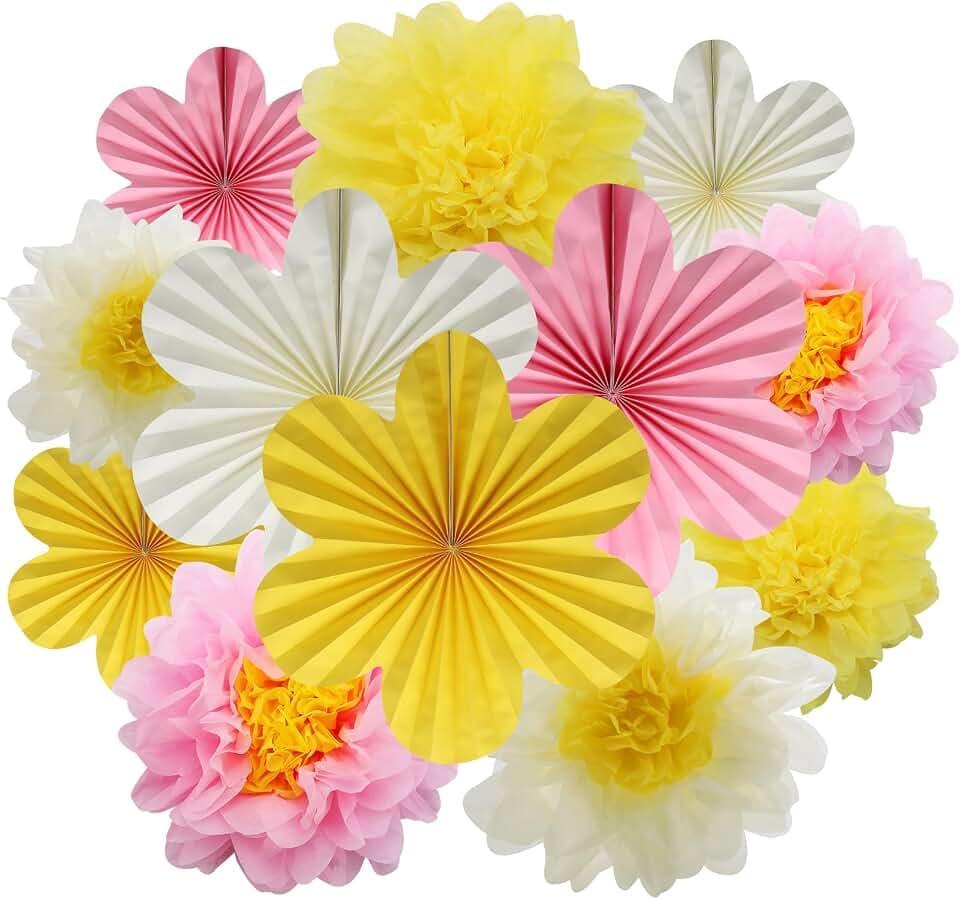 BestoFun 12er Set Papier Blumenfächer & Papierblumen Pompons Beige Rosa Gelb Hängende Girlande Dekoration für Hochzeit Geburtstagsfeier Gartenparty Tischdeko
