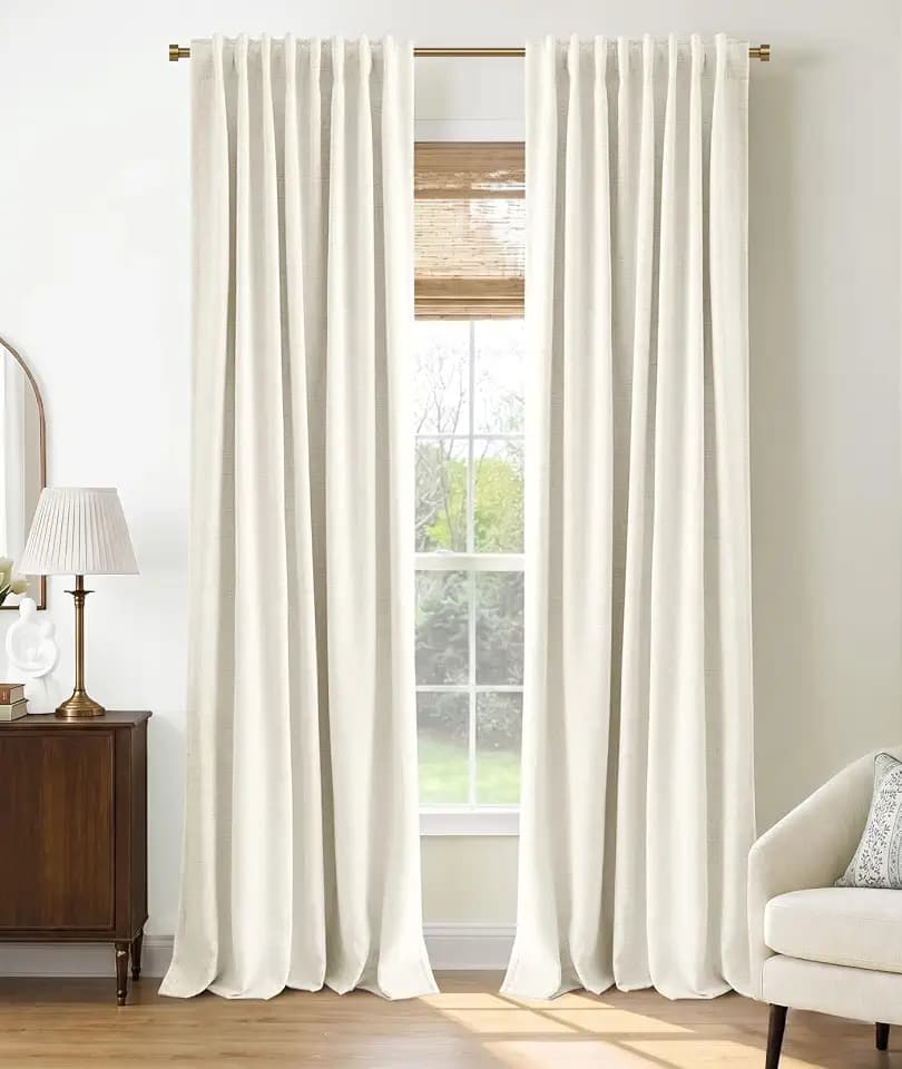 INOVADAY 100% Blackout Linen Curtains for Bedroom 50x96 Inches Beige White