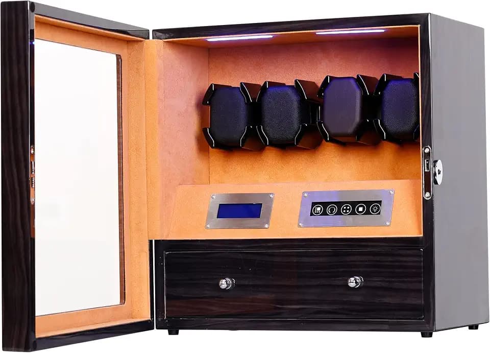 TRIPLE TREE Automatic Watch Winder 4, Watch Winder Box with Storage Drawer, Blue Illumination and Super Quiet Japanese Motors, Watch Winder for Lady and Man Watches with Flexible Pillow, Blackwood