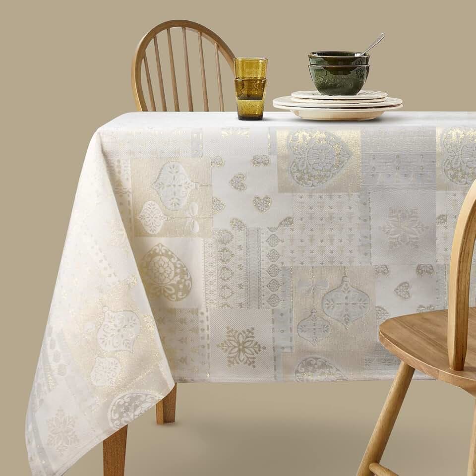 Viste tu hogar Tischdecke Weihnachten Goldfaden, speziell für Weihnachtsdekoration und Familientreffen usw., modernes und Elegantes Design, Beige Herz, 140x140cm