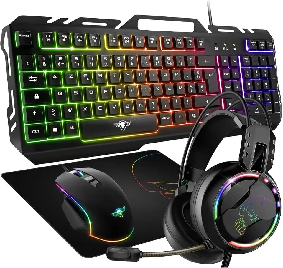 SPIRIT OF GAMER 4-in-1 Pro-MKH5 Gaming Pack - Azerty Anti-Ghosting RGB Gamer-Maus 7 Tasten 6400 DPI, Gaming-Headset, Anti-Drop-Matte für PC, PS4, PS5, Xbox One, Mac