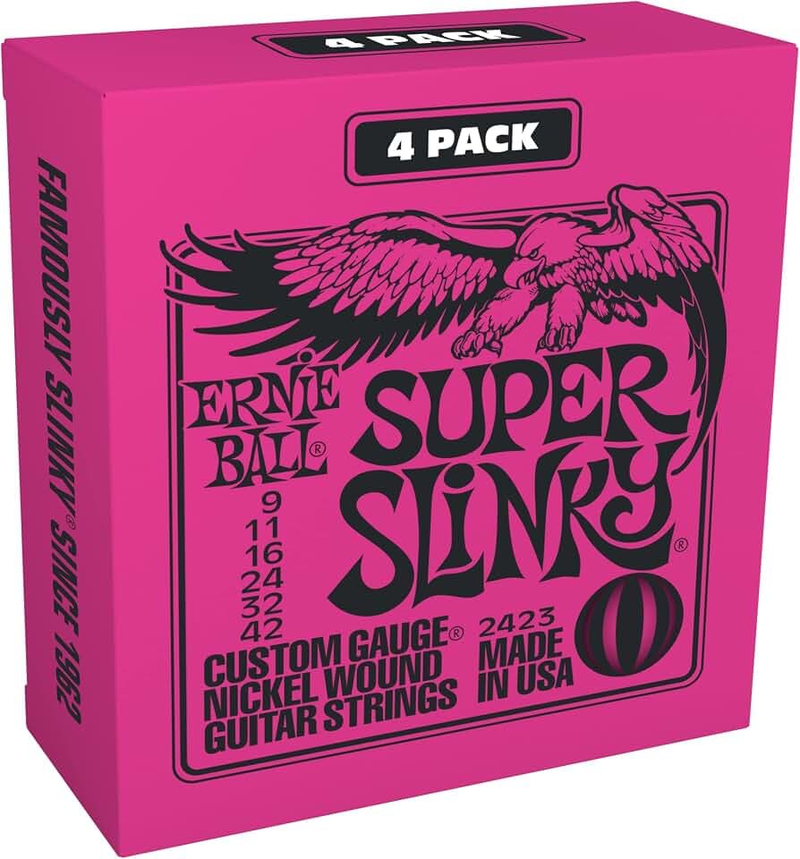 Ernie Ball Super Slinky Nickel Wound E-Gitarrensaiten, 4er-Pack, Stärke 9-42