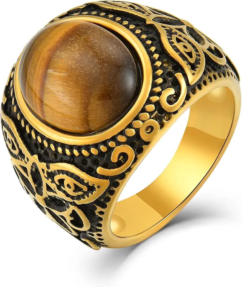 Tiger Eye Stone Ring for Men 316L Stainless Steel Signet Ring Vintage Oval Gemstone Pinky Ring Size 7-12