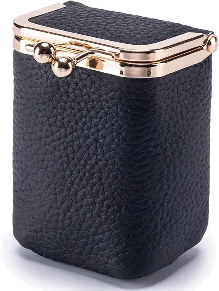 Genuine Leather Lipstick Case with Mirror, Travel Mini Durable Soft Cosmetic Bag for Women,Retro Kiss Lock Toiletry Bag Suitable Daily Touch-up (Black)