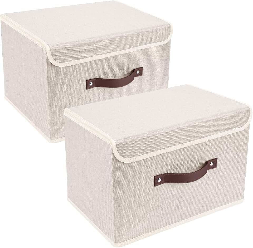 TYEERS Faltbare Aufbewahrungsbox mit Deckel, Stoff, Waschbare, Kisten Aufbewahrung mit Deckel, 38x25x25 cm, 2-Stück, Beige