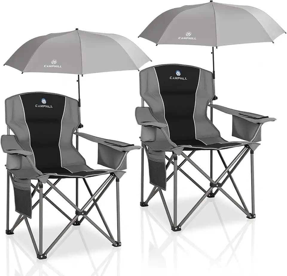 2 Pack Oversized Camping Chairs with Adjustable Umbrella-Folding Padded Lawn Chair with Backrest & Comfy Armrest-Heavy Duty for Beach Patio Picnic,Black