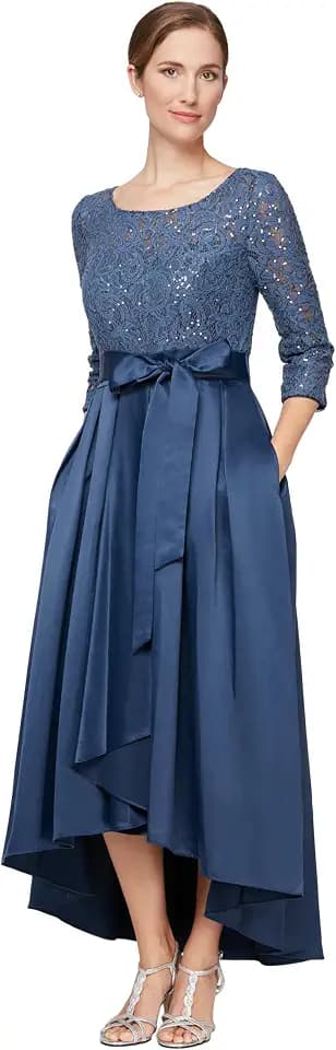 Alex Evenings Women's Satin Ballgown Formal Event Dress with Pockets and Tie Belt (Petite and Regular Sizes)