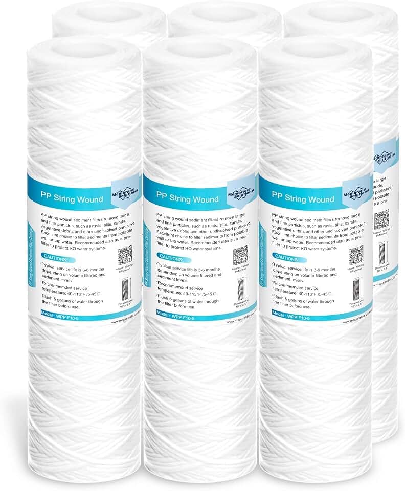 Membrane Solutions 10" Sediment Wasserfilter, Wickel Kartusche für Umkehrosmose, Wasserspeiseleitung & Partikelfiltration, Ersatzkartusche für universelles 25,4 cm RO-System - 50 Micron, 6 Stück