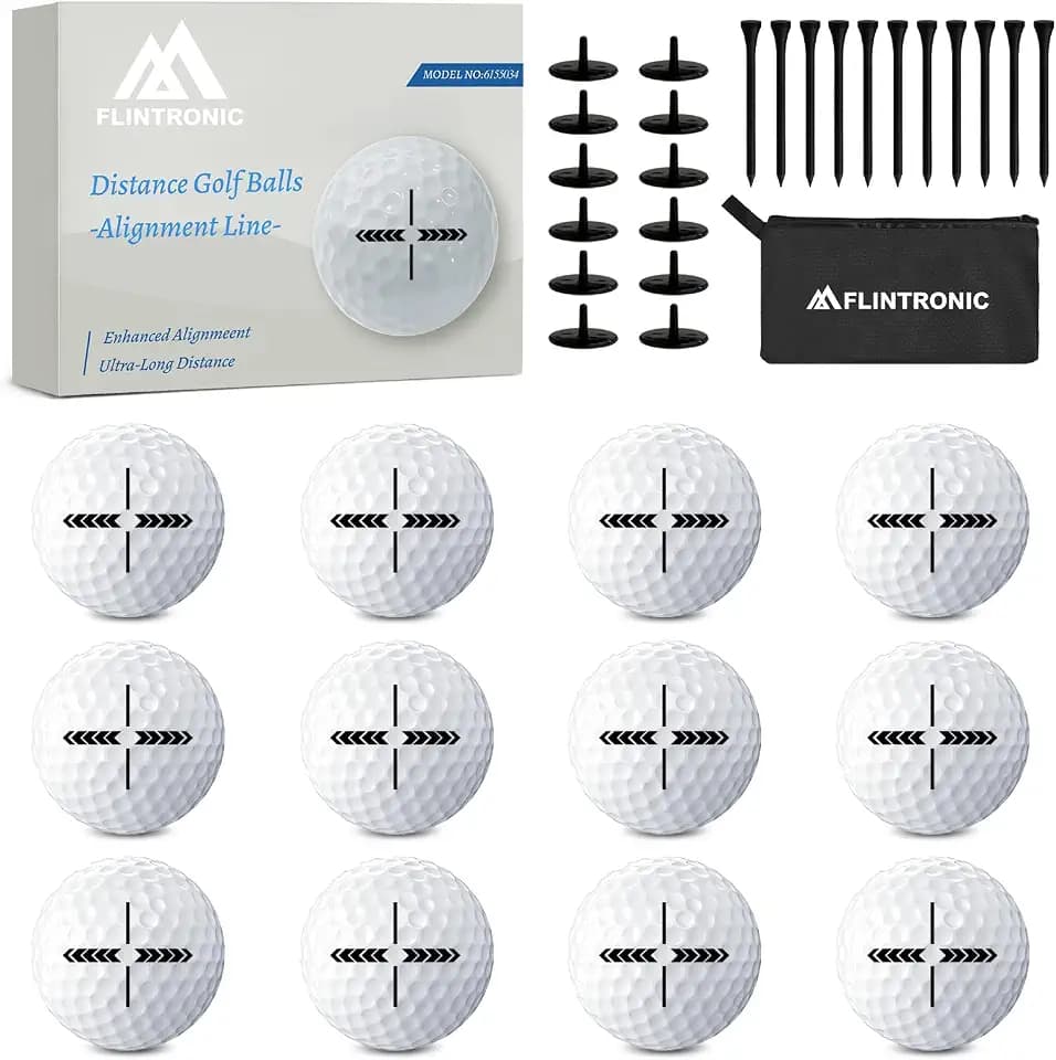 flintronic Golfbälle für Profis & Anfänger, 12 Stück Golfball mit 12pcs Golf Tees, 6pcs Golfballmarker, 2pcs Tasche, Golf Balls für Verbesserte Distanz, Kontrolle und Genauigkeit