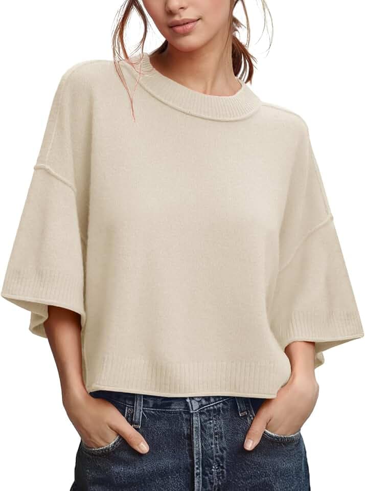 Womens Oversized Sweaters Summer Short Sleeve Casual Cropped Knit Tops