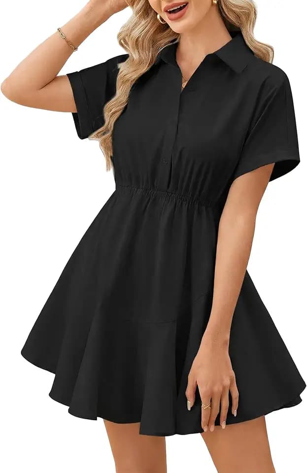 Beluring Blusenkleid Damen Sommer Kurzarm Minikleid V-Ausschnitt Knopfleiste Tunika Kleider mit Taschen
