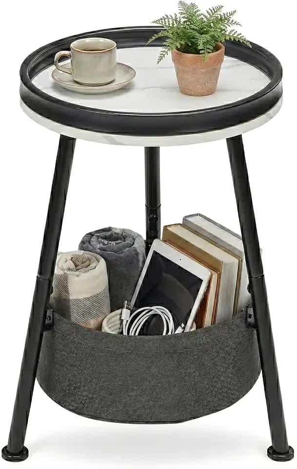 LEMONDA Small Round End Table, 2 Tier Round Side Table with Storage Basket,11.8”D*17.8”H Accent Table,Sofa Side Table, Nightstand for Living Room Bedroom (Marble)