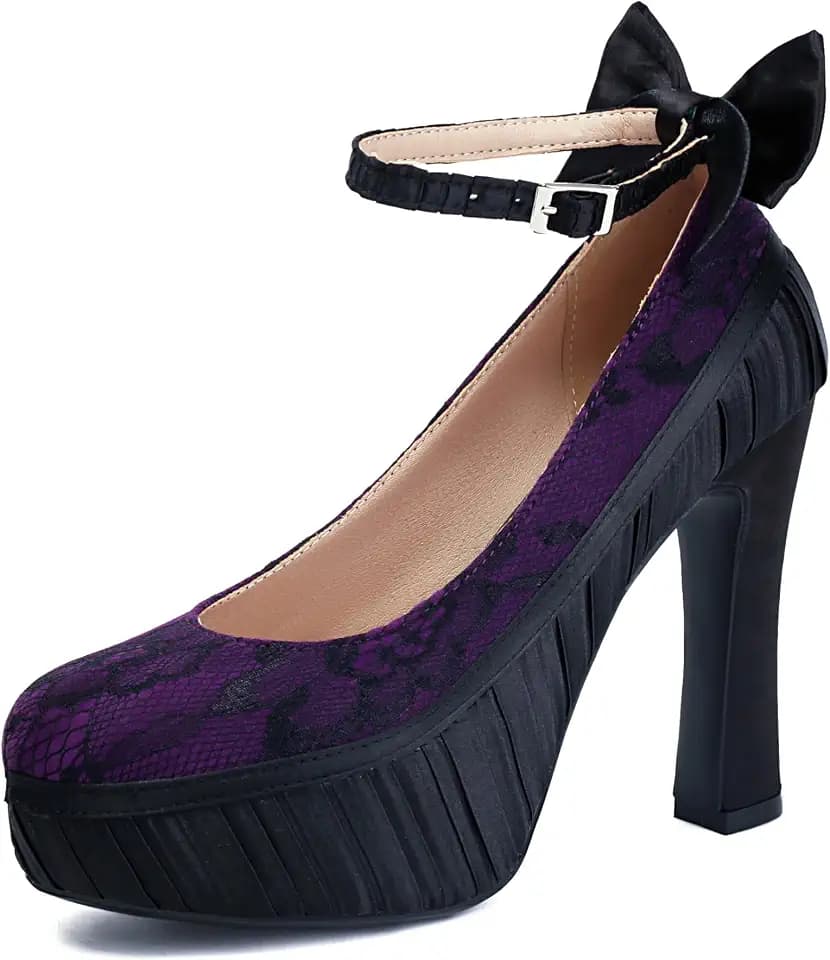 Elerhythm Women's Mary Jane Punk Closed Toe Lace Flower Elegantes Gothic Pumps Sweet Bow Platform High Heels Shoes