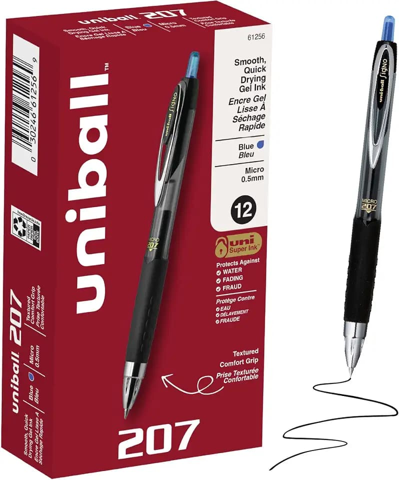uniball™ 207 Gel Pens, Blue Ink, 0.5mm Micro Point, Retractable, 12 Count
