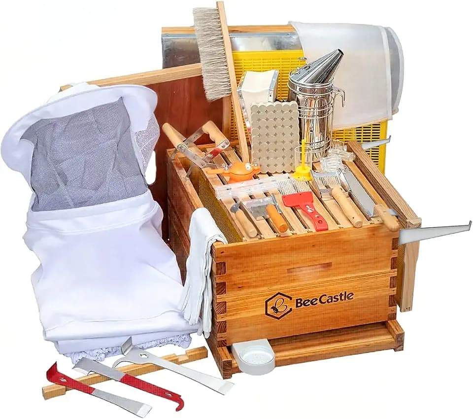 BeeCastle 10-Frame Bee Hives and Supplies Starter Kit,Beehive Kit Dipped in Beeswax,Bee Keeping Supplies-All Beginners Kit Includes Beekeeping Supplies Tool Set and Bee Suit.