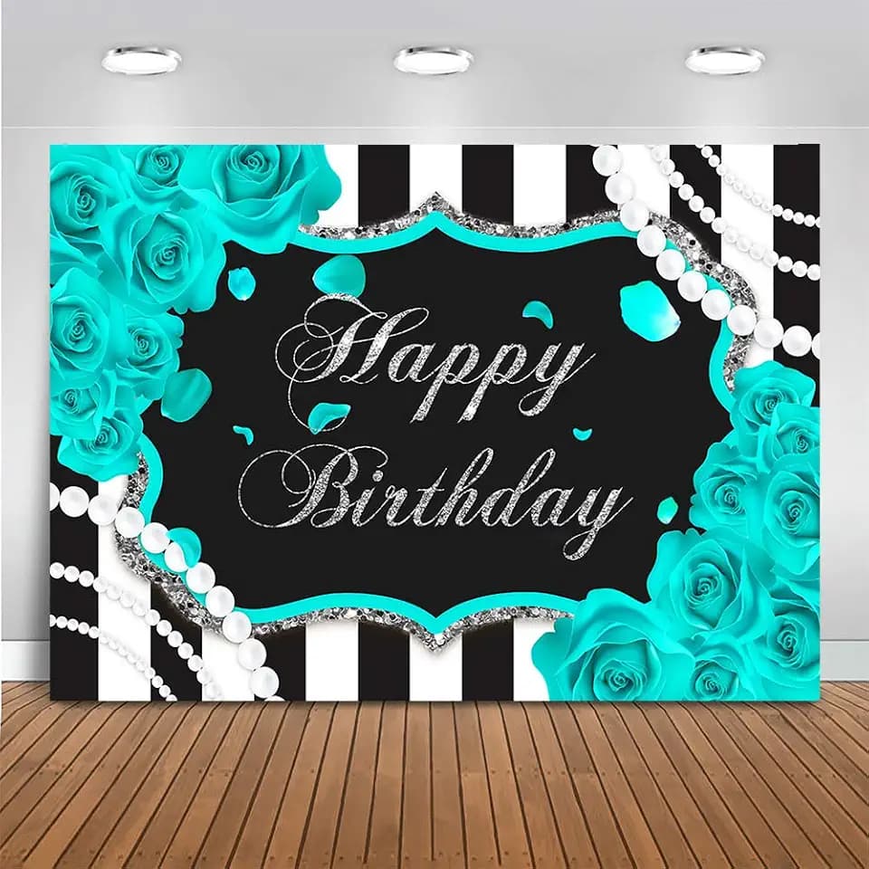 Mocsicka Silver Turquoise Floral Birthday Backdrop for Women 7x5ft