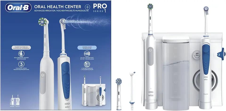 Oral-B Oral Health Center Munddusche mit Oxyjet-Technologie für Zahnreinigung, 2 Ersatzdüsen & PRO Series 1 Elektrische Zahnbürste/Electric Toothbrush, 2 Aufsteckbürsten, 3 Modi für Zahnpflege, weiß