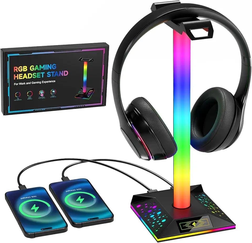 Hcman Headset Halterung Gaming Kopfhörer Ständer RGB Kopfhörer Halter mit 2 USB Anschlüssen, LED Headphone Stand Kopfhörerständer für PC Gamer, Schwarz