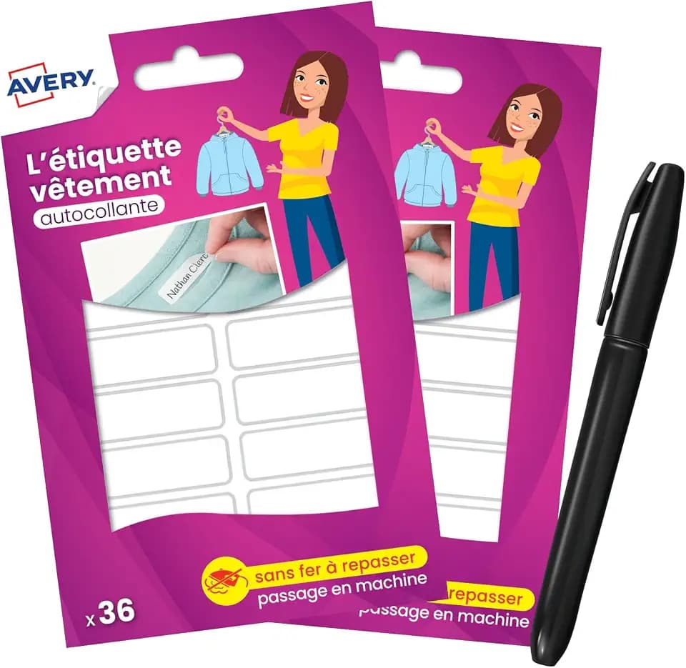Avery Selbstklebende Etiketten für weiße Kleidung mit Marker – 72 Stück (2 x 36 Stück) – Format 1,3 x 4,5 cm – personalisierbar, strapazierfähig und waschbar für Kinder