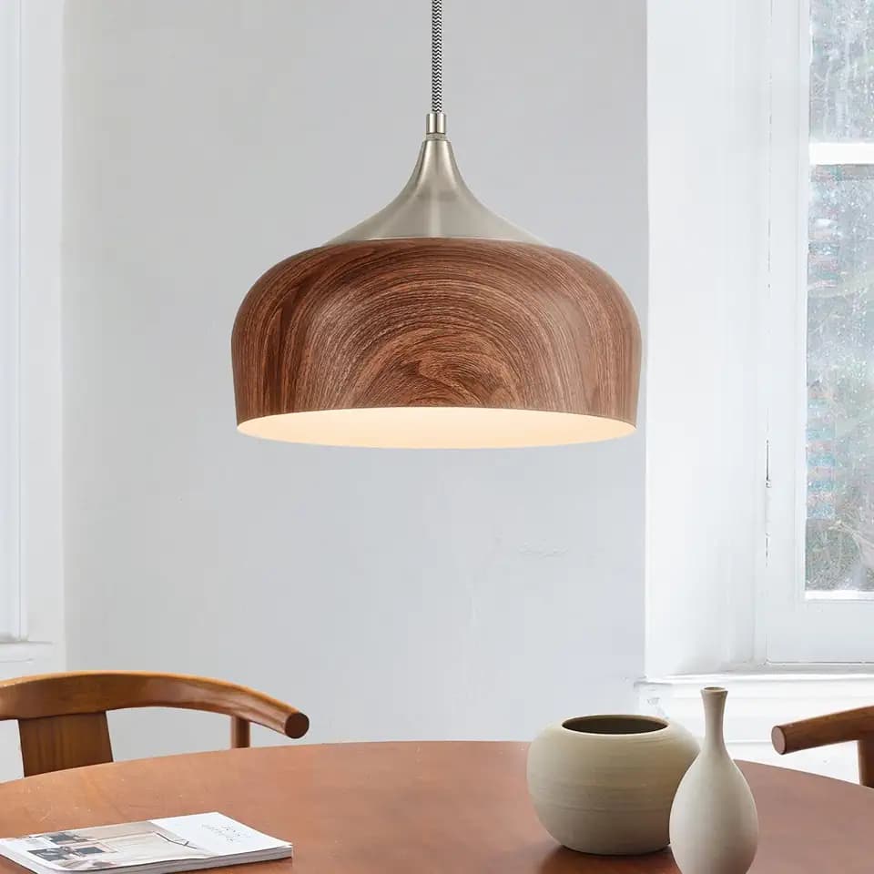 ELYONA Bauhaus Pendant Light Wooden Pattern Dome Pendant Light Fixture Brushed Nickel Metal Modern Adjustable Hanging Lighting for Kitchen Island Dining Room Office Hallway Foyer Bedroom, 12 Inch
