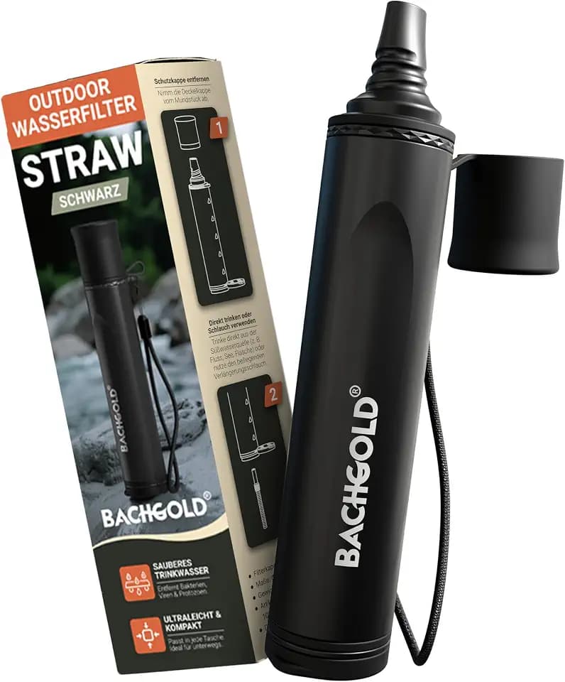 Bachgold Straw Wasserfilter Outdoor mit Virenfilter, Ultraleicht, Schwarz