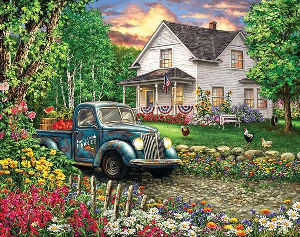 Springbok's Simpler Times 2000 Piece Puzzle for Adults Featuring a Charming Rural Scene Including an Old Farm House with a Classic Pickup Truck - Ribbon Cut Pieces