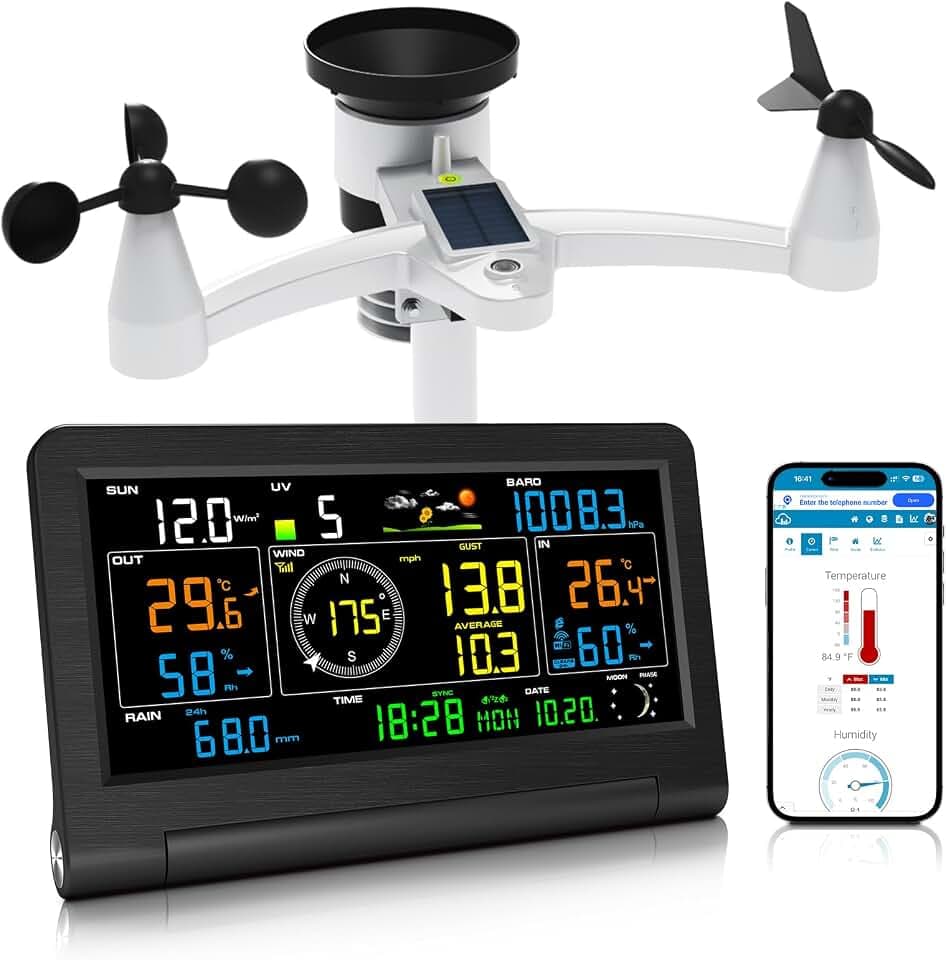 Urageuxy 14-in-1 Wetterstation Wlan, Wetterstation mit Regenmesser, Windmesser, Innen-/Außenthermometer, Hygrometer, Luftdruck, UV-Index, Wettervorhersage, Mondphasen, für Haus und Garten