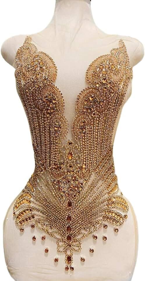 Large Bodice Applique Sequin Rhinestones Fine Appliques Handsewing Crystals and Beads for Dress Clothes Accessories 9.4X23.6inches (Champagne)