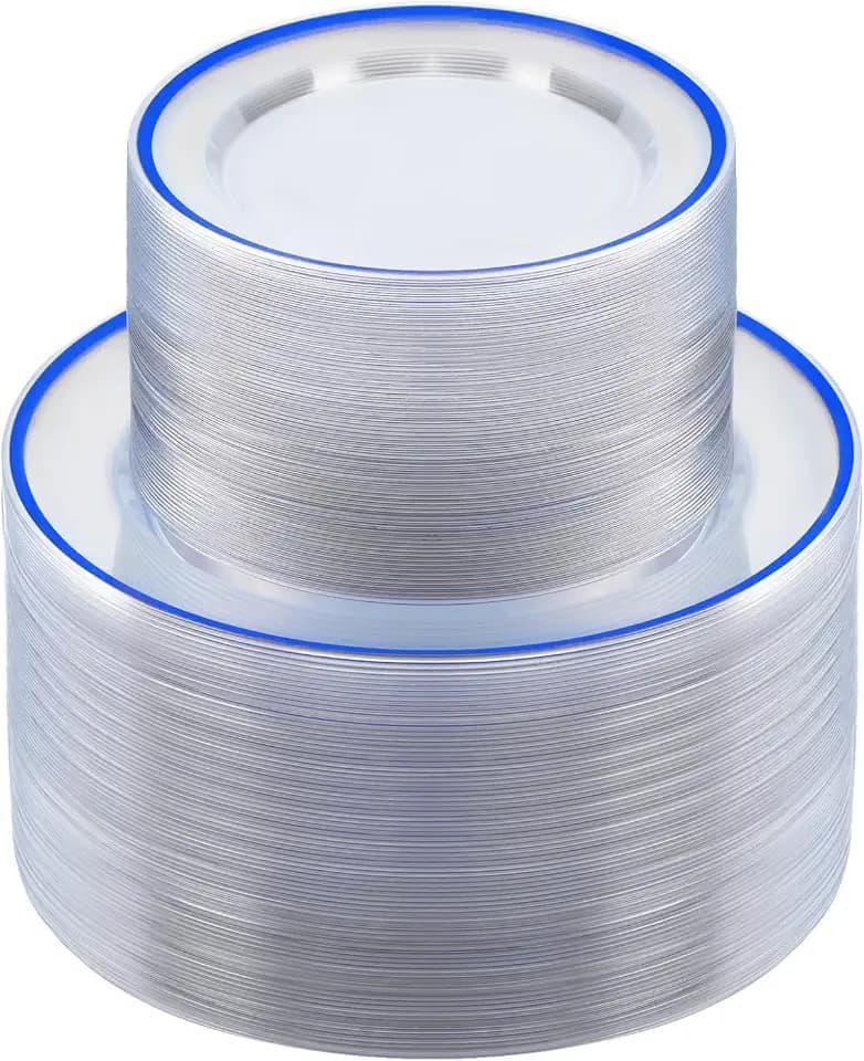 BESTSTAR 200PCS Blue and Clear Plastic Plates