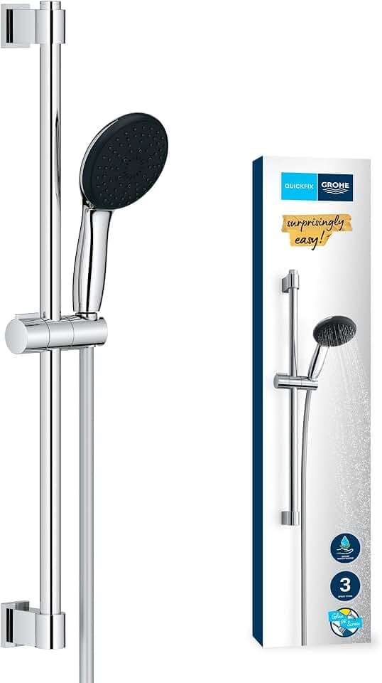 GROHE Vitalio 110, Duschset wassersparend, 8l pro Min (Brausestangenset mit: Duschkopf 3 Strahlarten, 1,75m Schlauch, Duschstange 60cm, zum Kleben oder Bohren, ohne Kleber), rund, chrom, 26032001