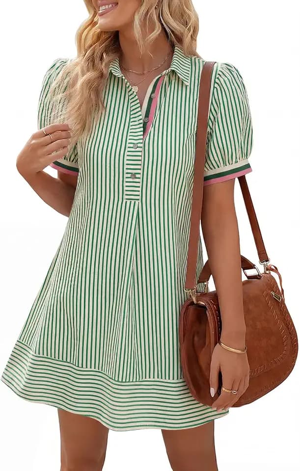 Wenrine Womens Summer Striped Short Sleeve Casual Button Shirt Mini Dresses