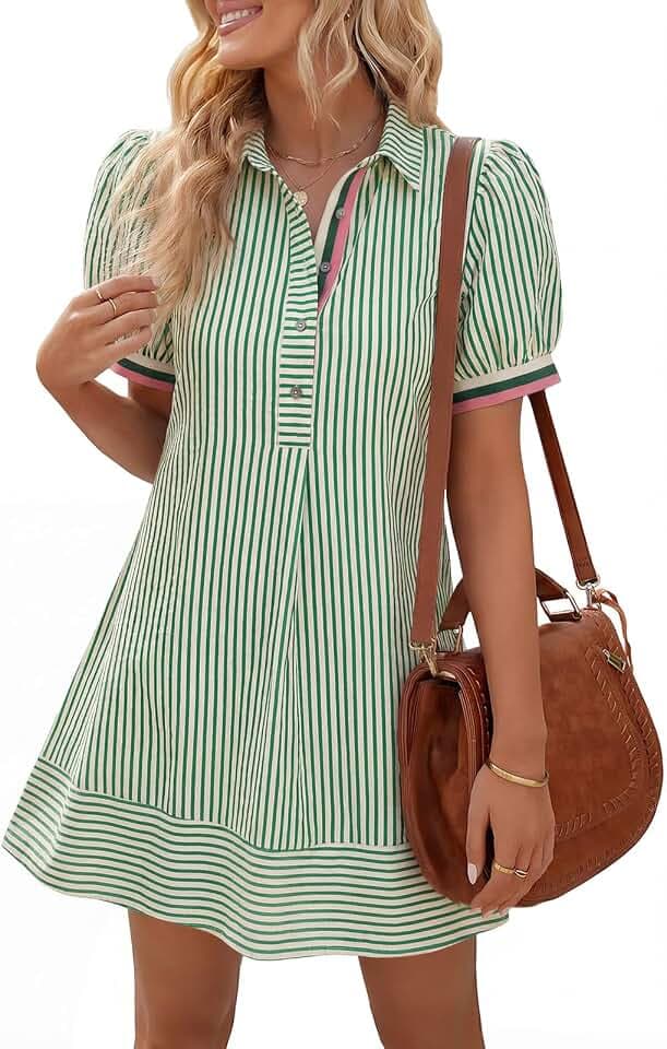 Wenrine Womens Summer Striped Short Sleeve Casual Button Shirt Mini Dresses