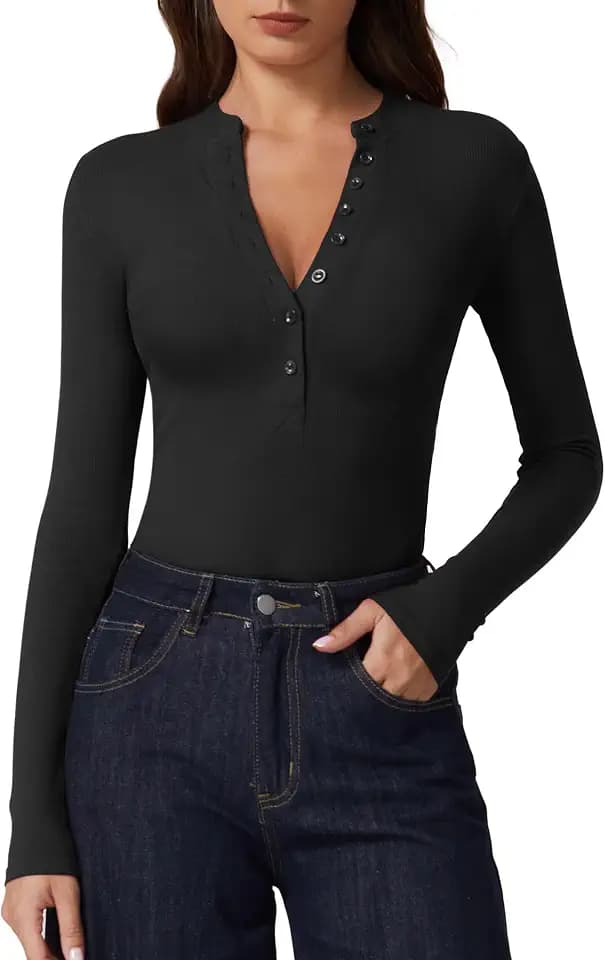 QINSEN Button Down Shirts for Women V Neck Long Sleeve Ribbed Knit Slim Fit Basic Tee Tops