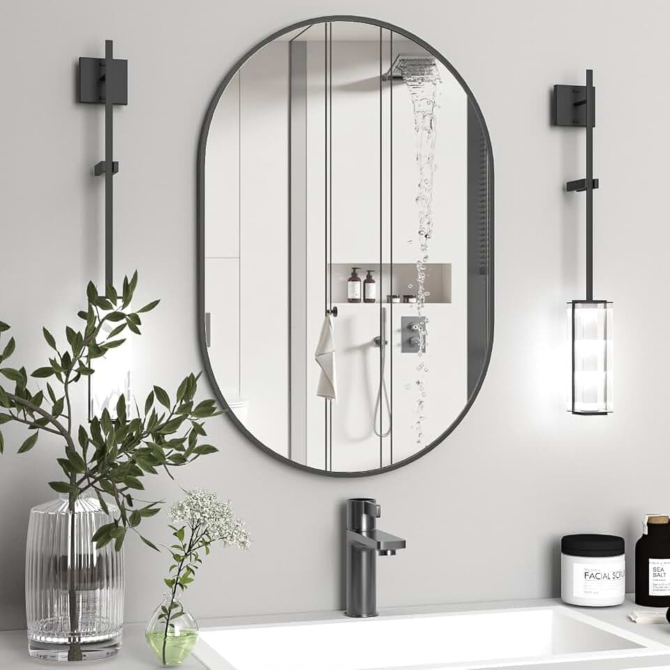 Ovaler Badezimmerspiegel Ovale Wandspiegel für über dem Waschbecken, 60x90 cm Schwarze Pillen Spiegel Capsule Wandspiegel, Moderner Spiegel mit Metallrahmen für Wanddekoration