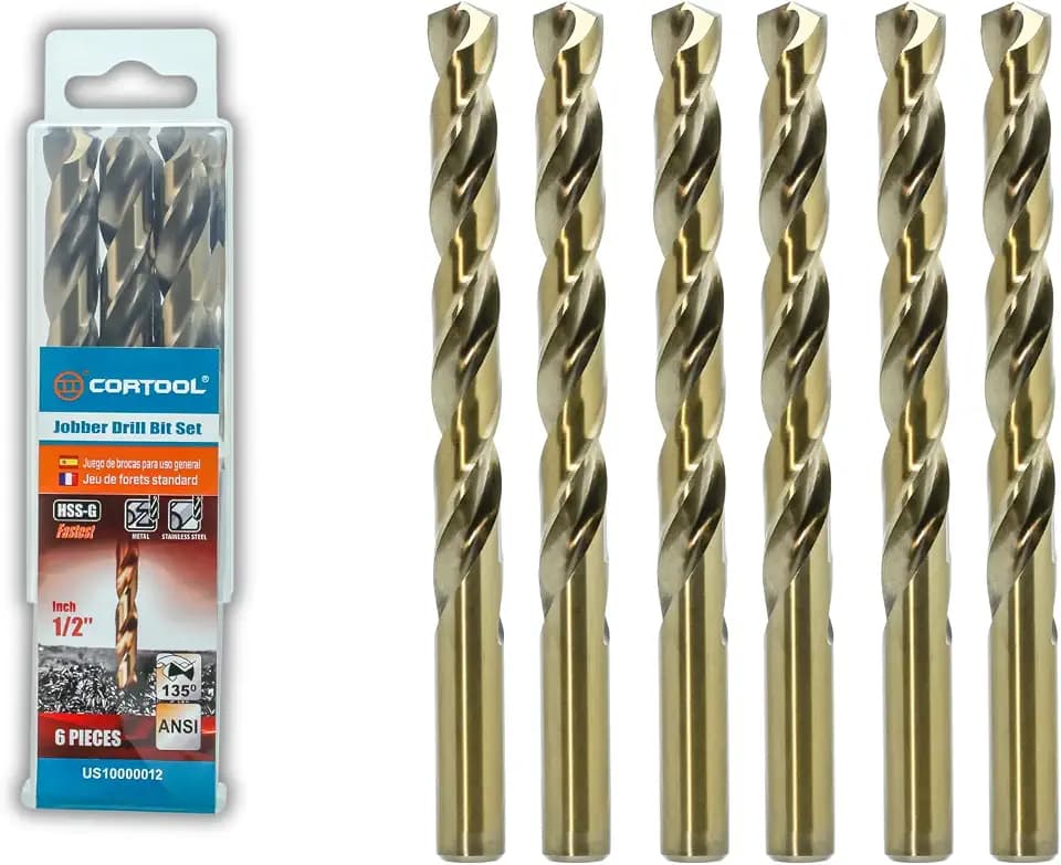 1/2 inch Cobalt Drill Bits (6Pcs), M35 HSS Metal Jobber Length Twist Drill Bit Set for Hard Metal, Stainless Steel, Iron, Copper, Aluminium, Brass, Plastic & Wood