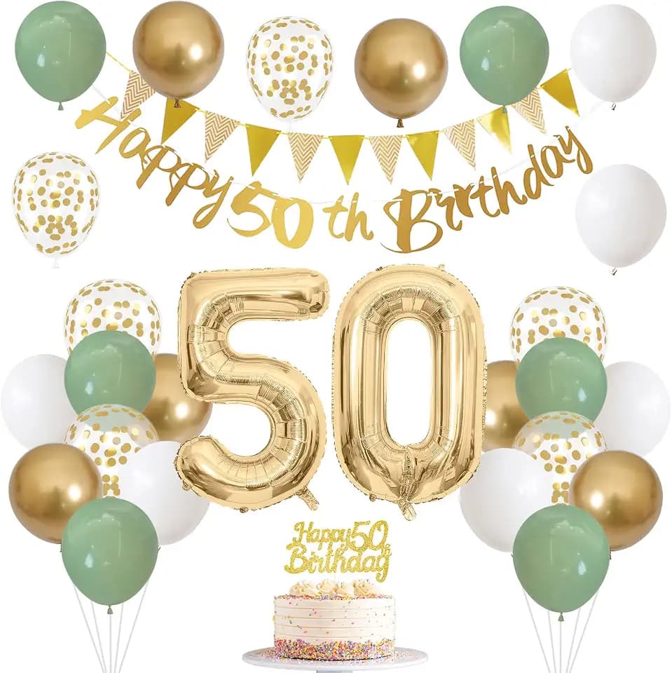 50th Birthday Decorations Women, Sage Green Gold Number 50 Party Balloons