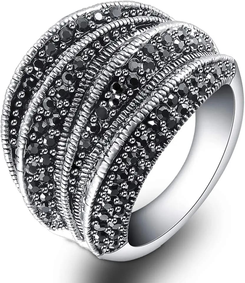 Black Rings for Women, Vintage Cross Marcasite Rings Statement Big Chunky Aesthetic Ring Costume Jewelry for Her