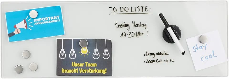 Relaxdays Magnettafel Glas, magnetisch, abwischbar, Büro & Zuhause, weiß | Magnete & Stift, Whiteboard HxB: 20 x 60 cm