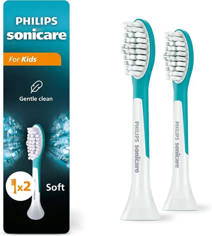 Philips Sonicare for Kids 7+ Genuine Replacement Toothbrush Heads, 2 Brush Heads, Turquoise and White, Standard, HX6042/94