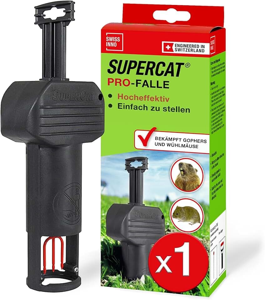 SWISSINNO Wühlmausfalle PRO SuperCat - Effiziente Schlagfalle gegen Feld- & Wühlmäuse, Patentierter Auslösemechansimus, Einfach einzurichten, Sicher & Wiederverwendbar - 1 Falle