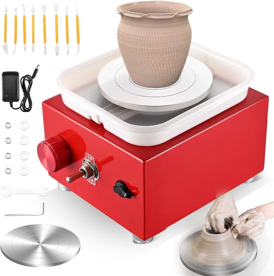 Töpferscheibe, Töpferscheibe Elektrisch mit 2000 U/min Einstellbare Geschwindigkeit, Pottery Wheel mit 6,5/10 cm Großen Platten Formwerkzeugen, Töpferscheibe Kinder und Erwachsene, Rot