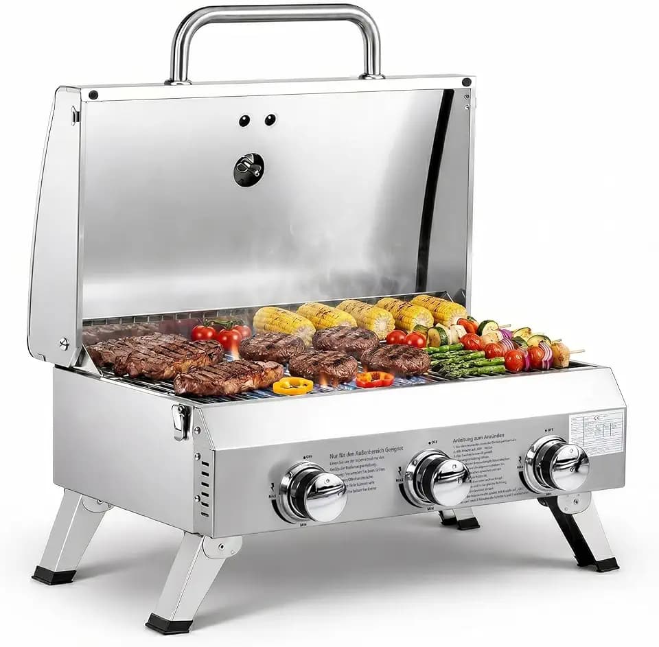 ROVSUN 6,6 kw Gasgrill Camping mit 3 Brenner Campinggasgrill mit Deckel & Thermometer 61x43x40 cm, Tischgrill für Hinterhof, Terrasse, Camping, Strand & Picknick