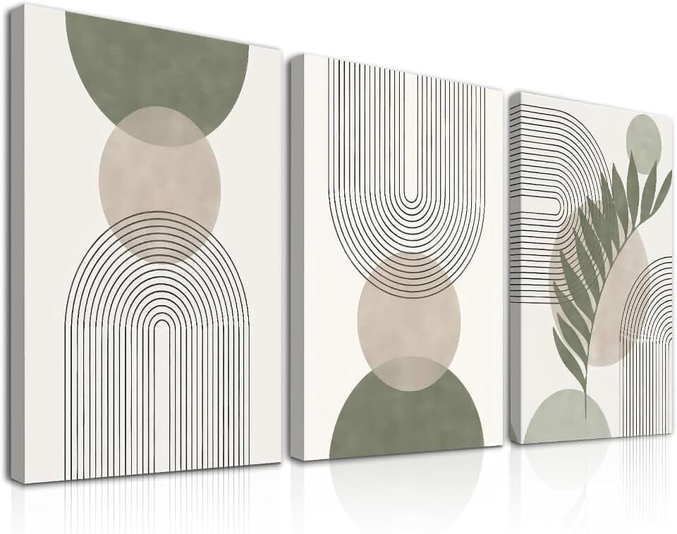 Dazzlewall 3Pcs Gerahmte Boho Abstrakte Wandkunst Dekor Salbeigrün und Beige Drucke, Minimalistische Geometrische Wandposter für Schlafzimmer Wohnzimmer Dekor 12x16 zoll