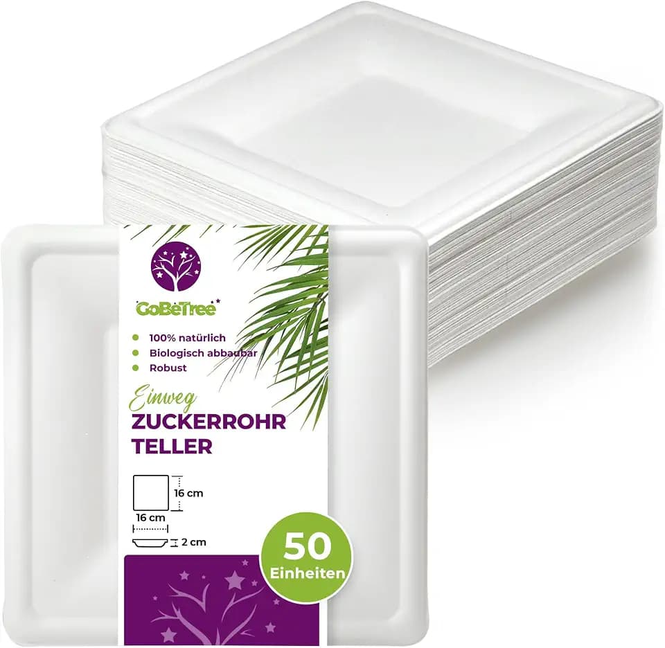 GoBeTree 50 Einwegteller Quadratisch 16 cm Zuckerrohr Teller, Dessert