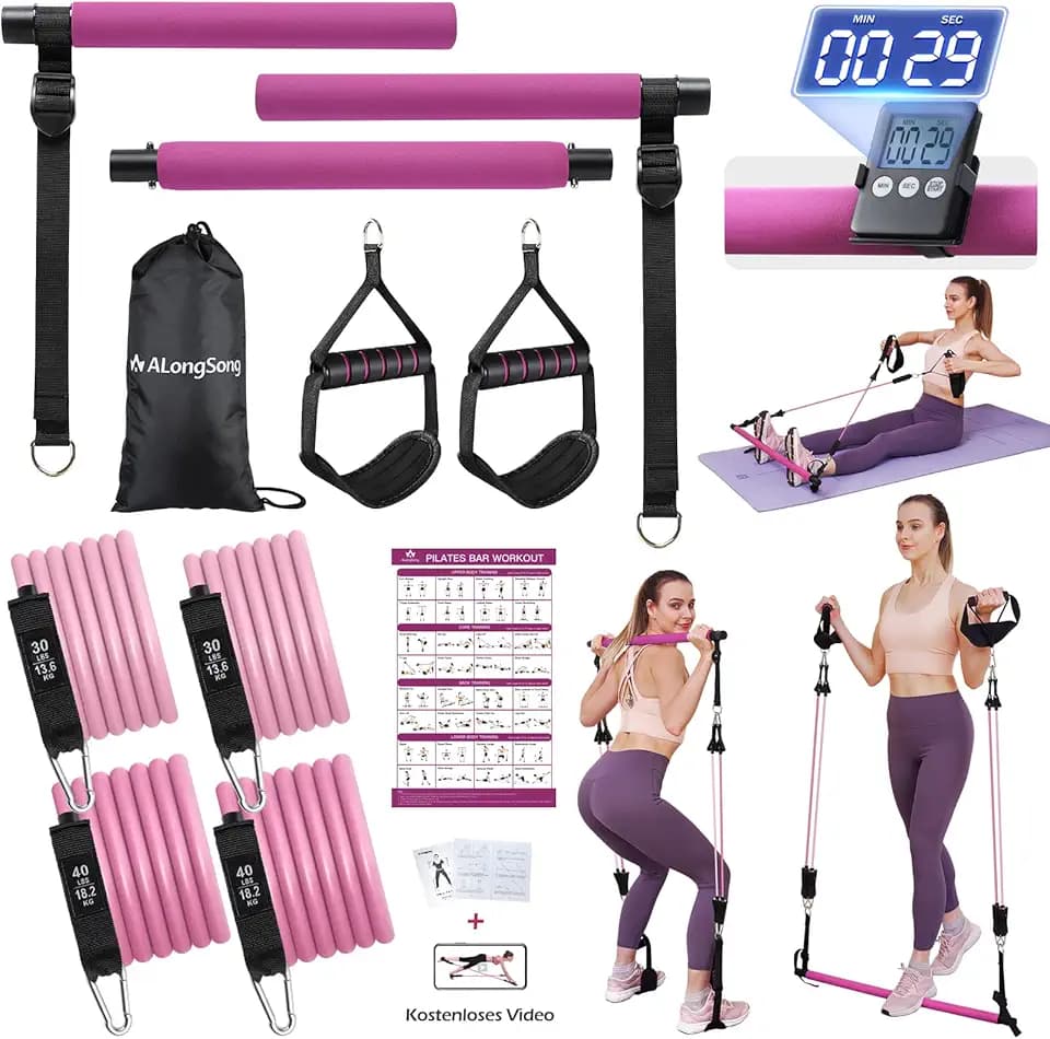 ALongSong Pilates-Stangen-Set mit 6 elastischen Latex-Widerstandsbändern, 81,6 kg/108,9 kg, 3 Abschnitte, Pilatesstange, tragbar, Heimtraining, Fitnessgerät, Yoga, Stretching
