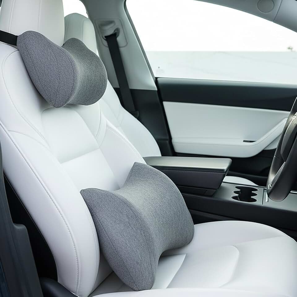 Lumbar Support Pillow for Car, Car Neck Pillow Kit for Pain Relief with Adjustable Strap, Car Headrest Pillow Ergonomic Design for Comfort