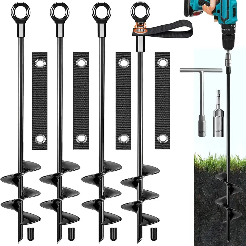 Fabulas Ground Anchors, Trampoline Stakes Anchors High Wind Heavy Duty 16 Inch 4 Pack, Screw in Spiral Trampoline Tie Down Anchor Kit with Straps for Shed Swing Set Hurricane Tent Dog Carport Playset