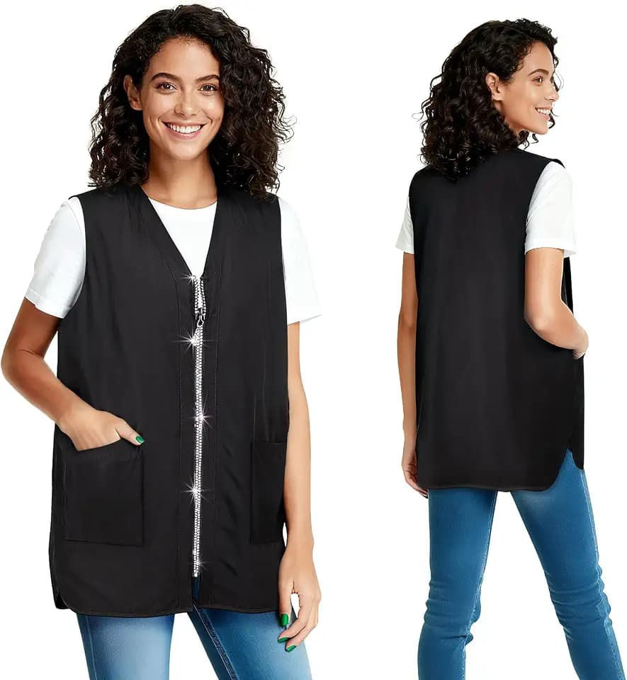 Noverlife Glitz Rhinestone Closure Stylist Vest, V-Neckline Baber Smock Zip Up Vest with 2 Front Pockets for Hair Salon